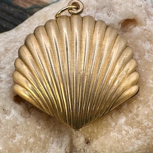 May include: A gold-colored seashell pendant with a textured surface and a small loop at the top for a chain. The pendant is in the shape of a scallop shell, with detailed ridges radiating from the center.