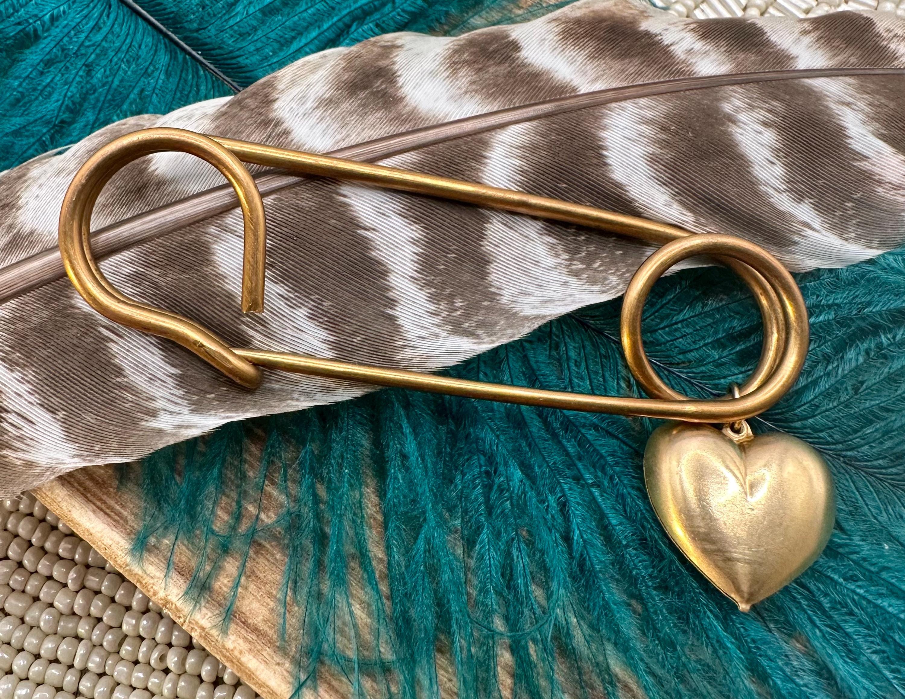 Vintage Raw Brass Big Kilt Safety Pin PUFFY HEART CHARM Pin Gold