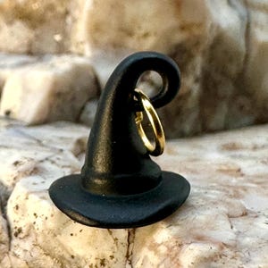 Witchy Black TINY WITCH HAT Charm Pendant for Necklace Earrings Gold Jewelry Making Supplies Trendy Dainty Halloween Wizard Gift For Her