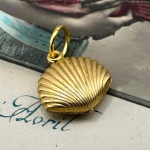 May include: A gold-colored seashell pendant with a textured surface and a small loop for a chain. The pendant is set against a vintage background with the word "April" in cursive.