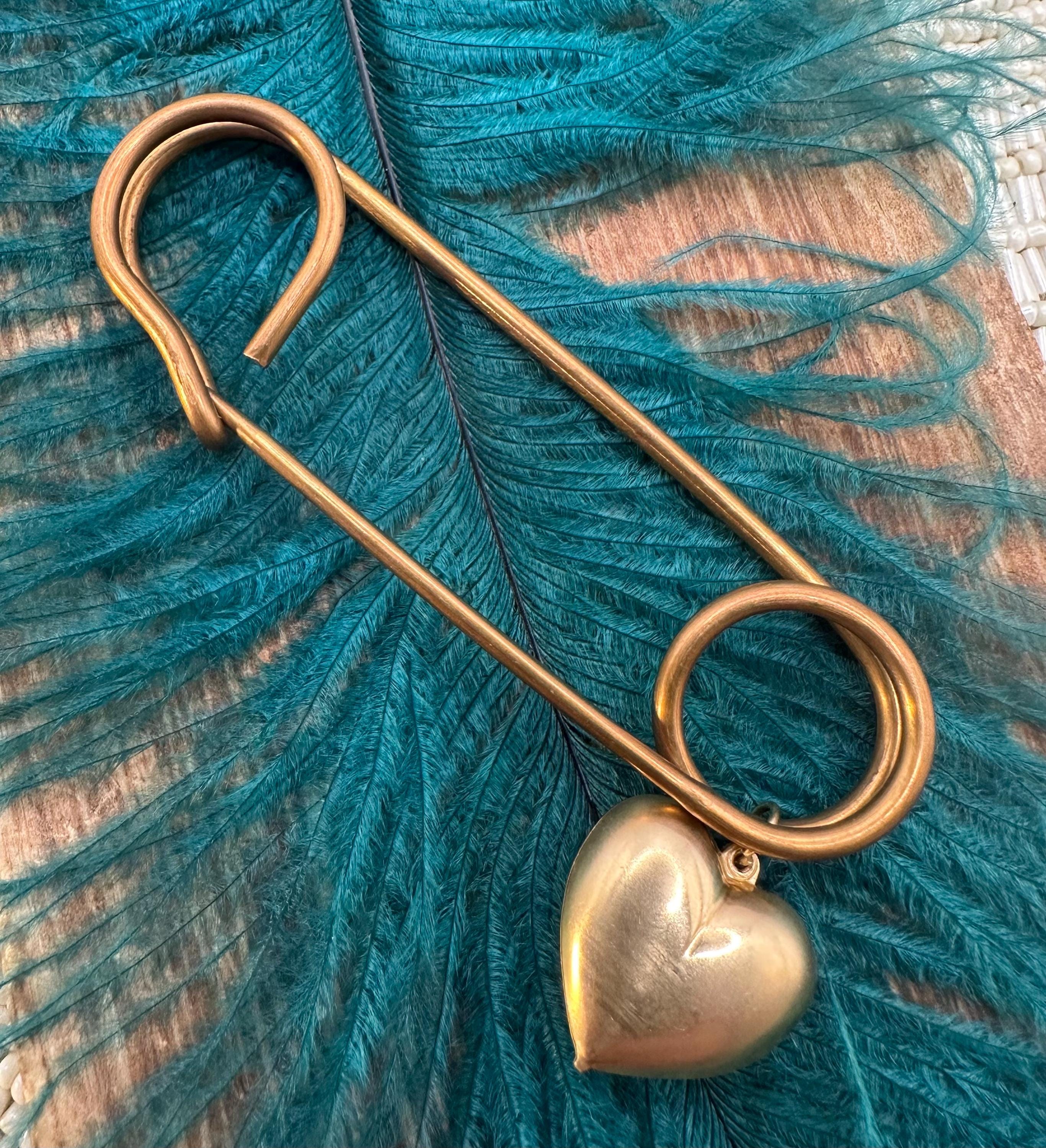 Vintage Raw Brass Big Kilt Safety Pin PUFFY HEART CHARM Pin Gold