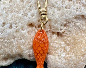 Vintage Raw Brass Clip On Charm GERMAN Resin CORAL FISH for Necklace Holder Pendant Gold Bracelet Small Lobster Claw Clasp Chunky Orange