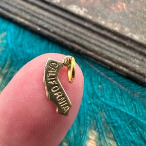 以下が含まれることがあります： カリフォルニア州の形をしたゴールドチャームで、「CALIFORNIA」という文字が刻まれています。チャームには、ネックレスやブレスレットに取り付けるための小さなゴールドループが付いています。