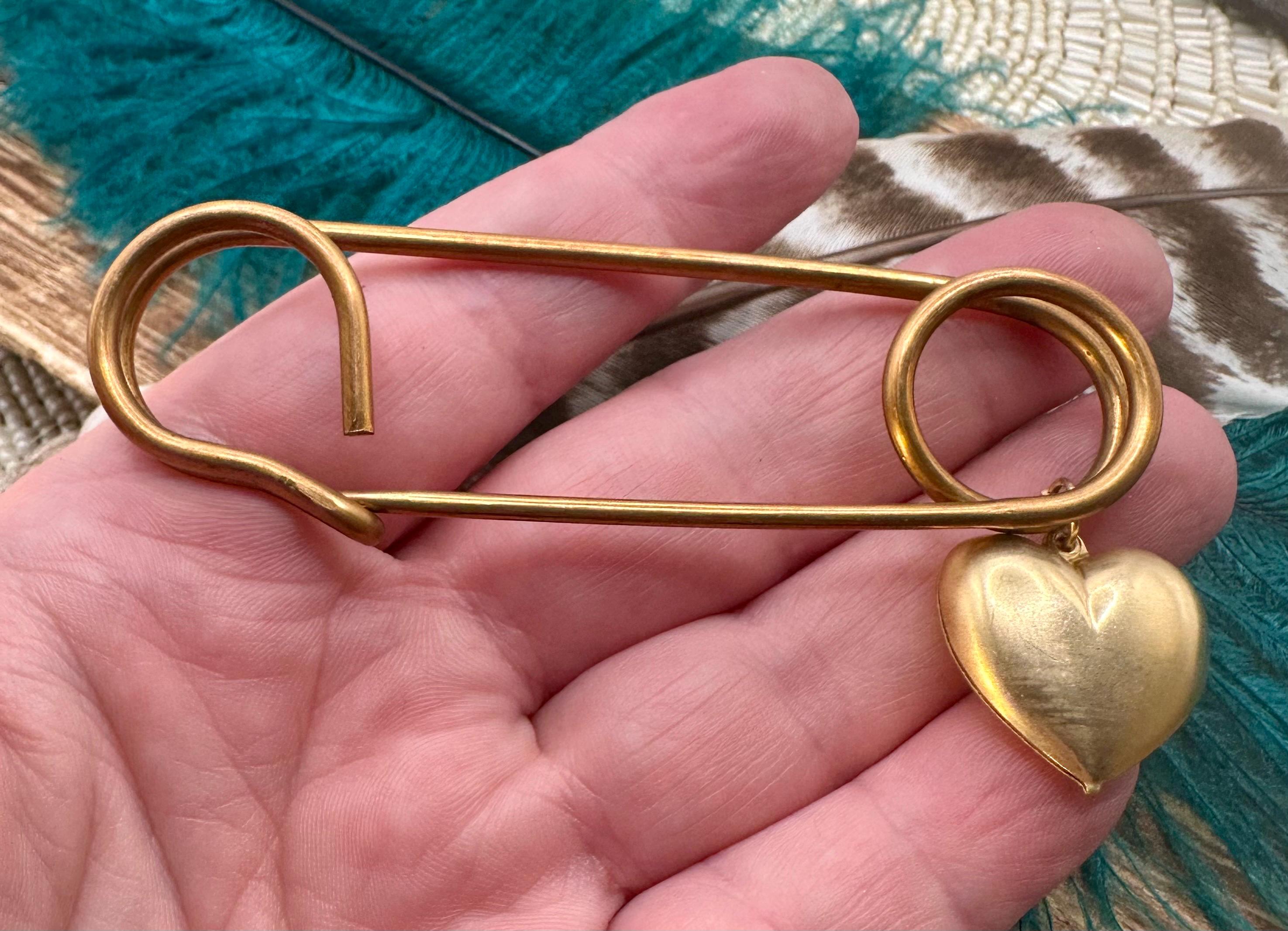 Vintage Raw Brass Big Kilt Safety Pin PUFFY HEART CHARM Pin Gold