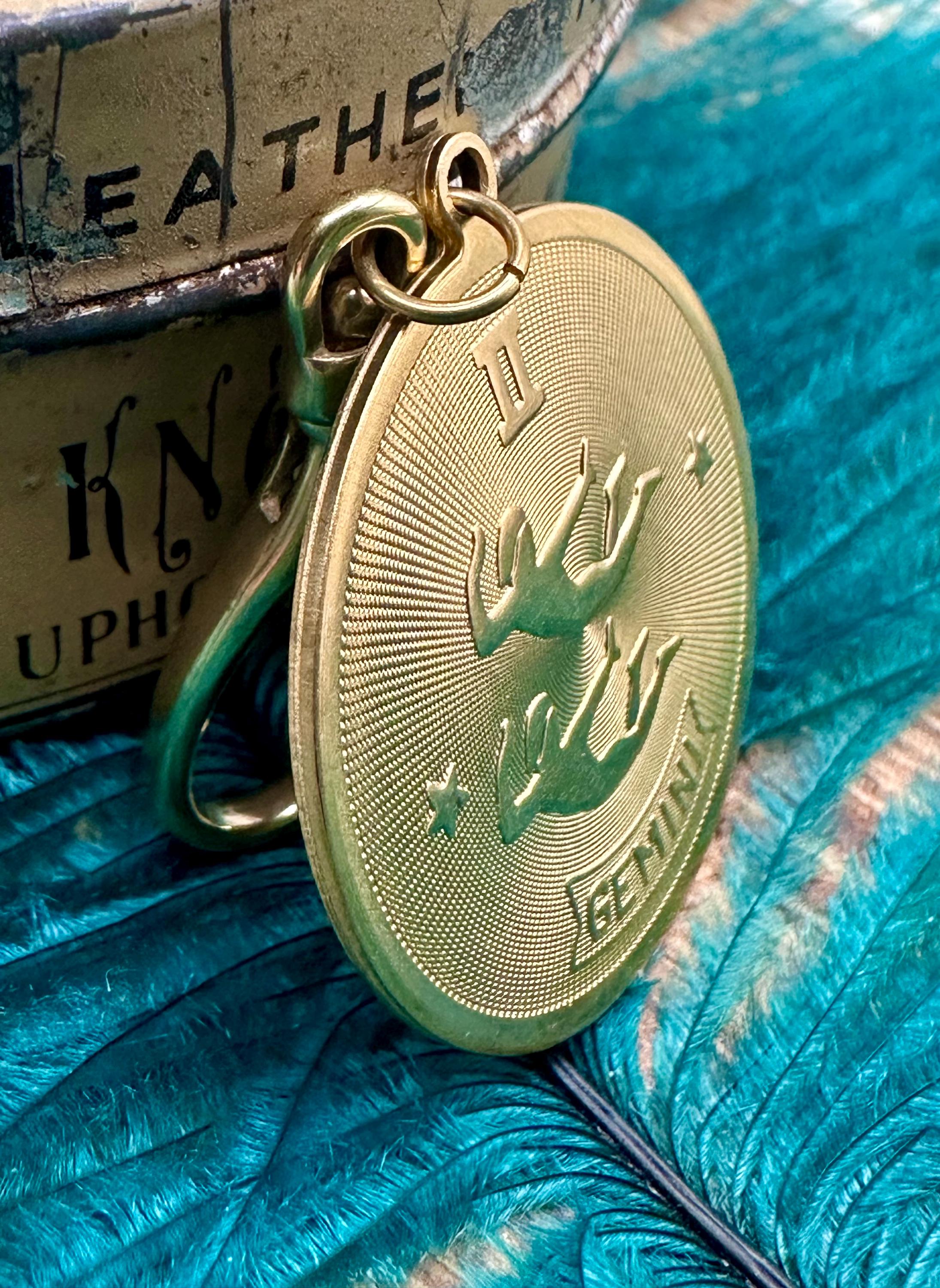 Vintage Raw Brass BIG GEMINI Zodiac PURSE Charm Gold Gift for Her
