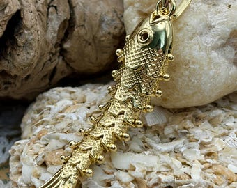 ヴィンテージ　14K　14金　ゴールド　魚チャーム　ジュエリー 80年代、90年代風ゴールドトーンの大型関節式魚ペンダントネックレス