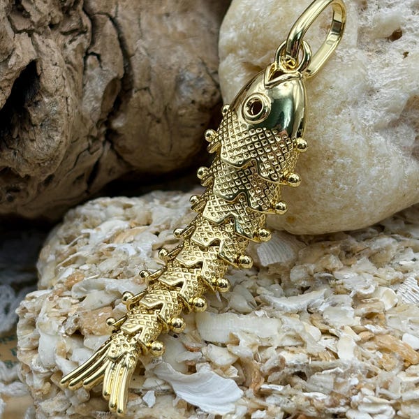 Vintage Style Big ARTICULATED MOVEABLE FISH Long Skinny Charm Pendant for Necklace Gold Jewelry Making Supplies Good Luck