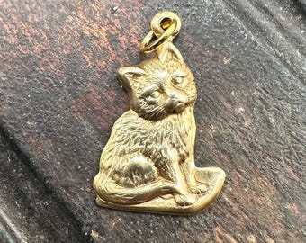 May include: A gold-colored metal charm in the shape of a sitting cat. The cat has a detailed, textured surface and a loop at the top for attaching to a necklace or bracelet.