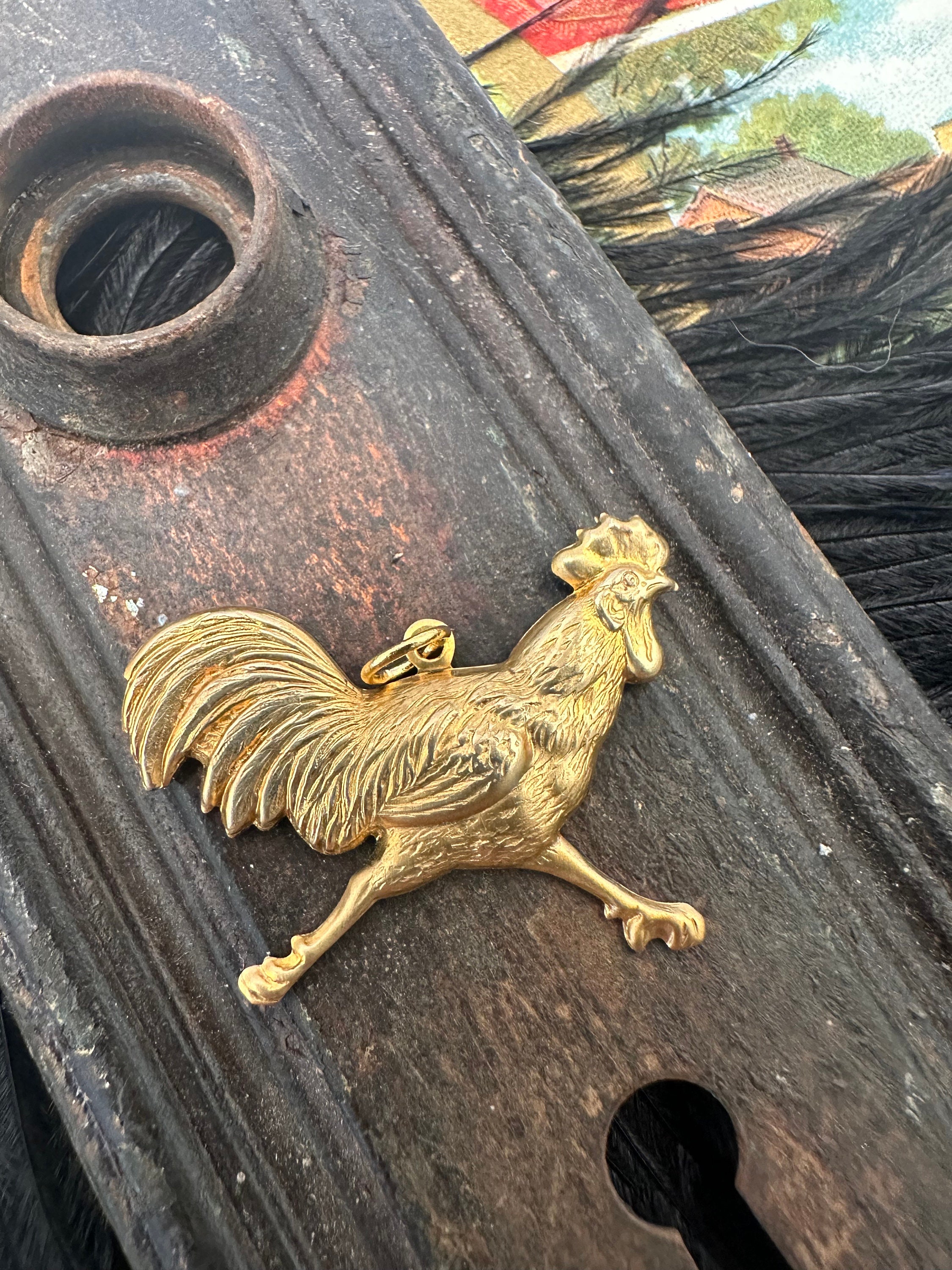 Vintage Raw Brass RUNNING ROOSTER Chicken Charm Pendant for