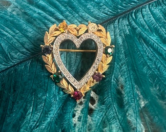 Vintage Crown Trifari Dearest Heart Brooch Rhinestone Gold Pin Victorian Petite Multi Colored Gift Valentines Day Costume Jewelry Mom