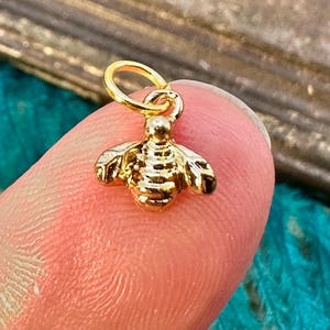 May include: A gold-colored bee charm with a detailed design. The charm is small and has a loop for attaching to a necklace or bracelet.