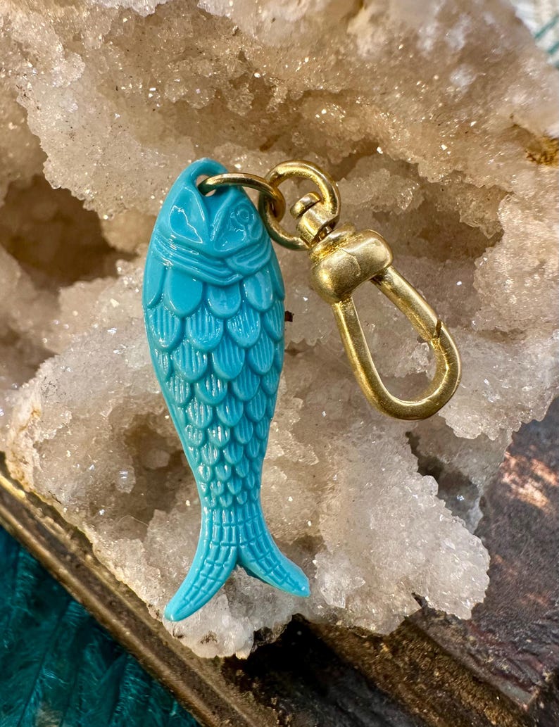 Vintage Raw Brass Clip On Charm GERMAN Resin TURQUOISE FISH for Necklace Holder Pendant Gold Bracelet Small Lobster Claw Clasp Chunky image 1
