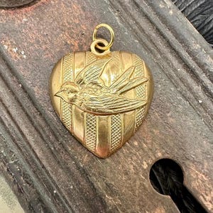 Colgante vintage de latón crudo con forma de corazón de gorrión victoriano, abalorio a rayas para collar, estampado de pájaro dorado, regalo romántico para ella