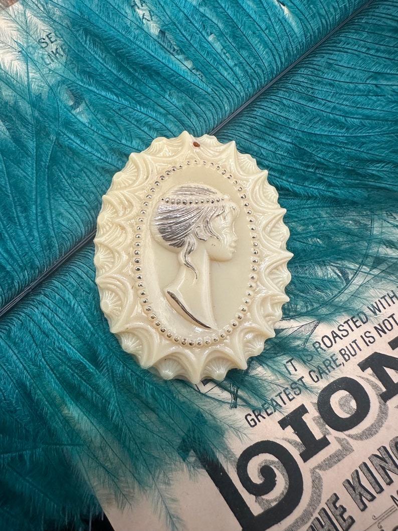 May include: A white cameo brooch with a detailed design of a woman's profile. The cameo is surrounded by a decorative border with small beads.