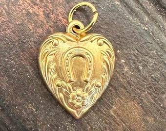 Vintage Raw Brass Victorian LUCKY HORSESHOE Puffy HEART Charm Pendant for Necklace Romantic Gift Her Floral Love Good Luck Small Earrings