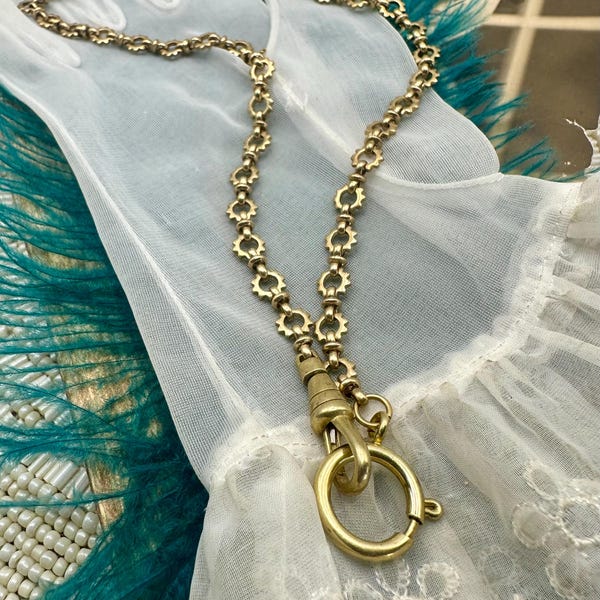 Victorian Style Brass SUNDIAL CHARM HOLDER Necklace Spring Ring Swivel Clip Dog Fob Pocket Watch Chain Your Own Add Charms Custom Gold Fancy