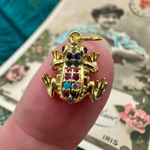 以下が含まれることがあります： カラフルな宝石をあしらった金色のカエルのチャーム。カエルは赤、青、緑、透明の石を使った詳細なデザインです。チャームは指で持ち上げられており、ジュエリーの複雑なディテールが際立っています。