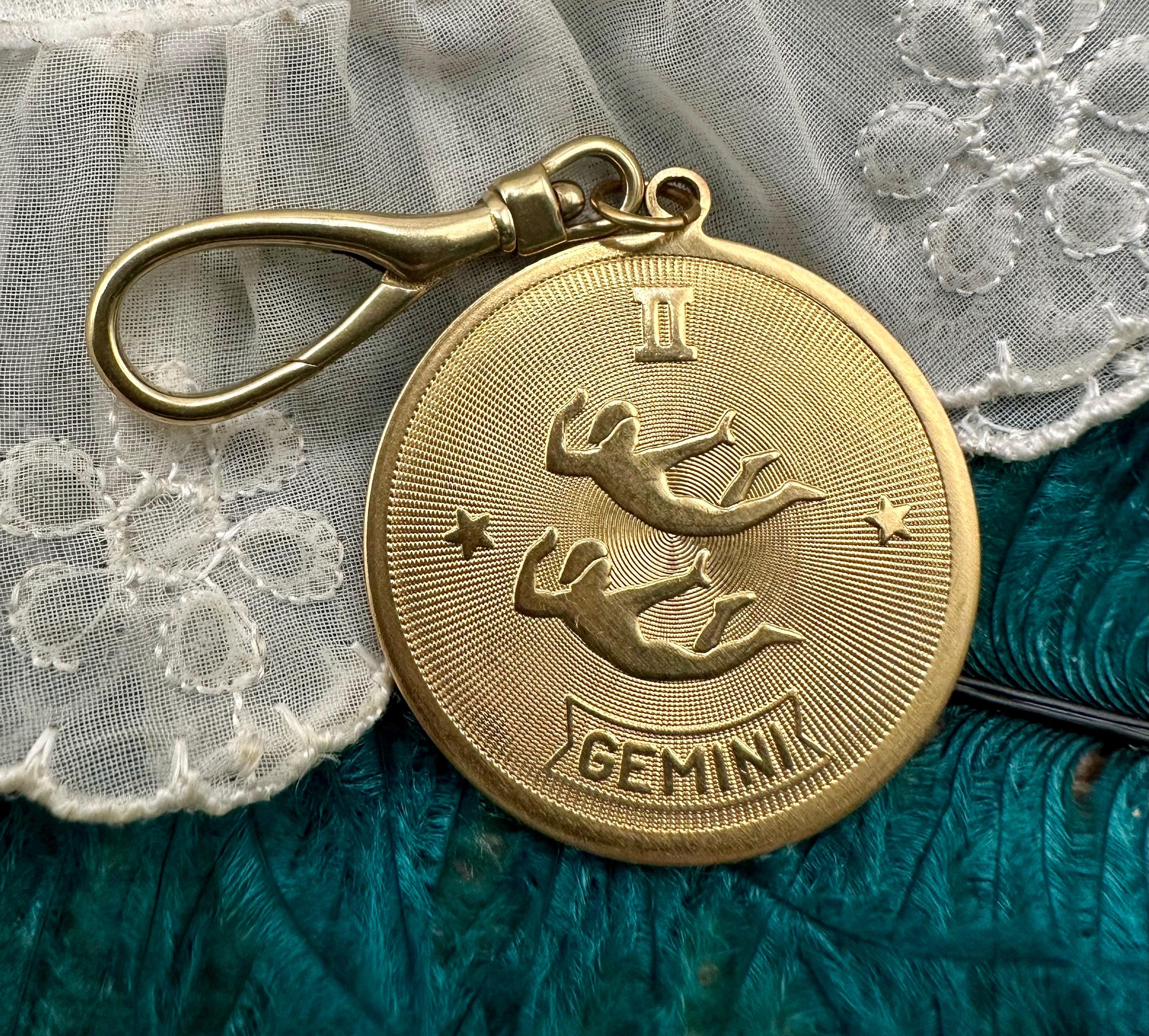 Vintage Raw Brass BIG GEMINI Zodiac PURSE Charm Gold Gift for Her