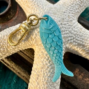 Vintage Raw Brass Clip On Charm GERMAN Resin TURQUOISE FISH for Necklace Holder Pendant Gold Bracelet Small Lobster Claw Clasp Chunky image 4