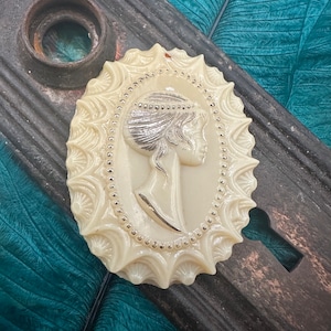 May include: A white cameo brooch with a silver-toned design featuring a woman's profile. The cameo is oval-shaped and has a decorative border.