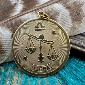 Vintage Raw Brass BiG LIBRA ZODIAC TAG Charm for Necklace Pendant Gold Stamping Birthday Gift for Her Jewelry Mid Century Him Keychain