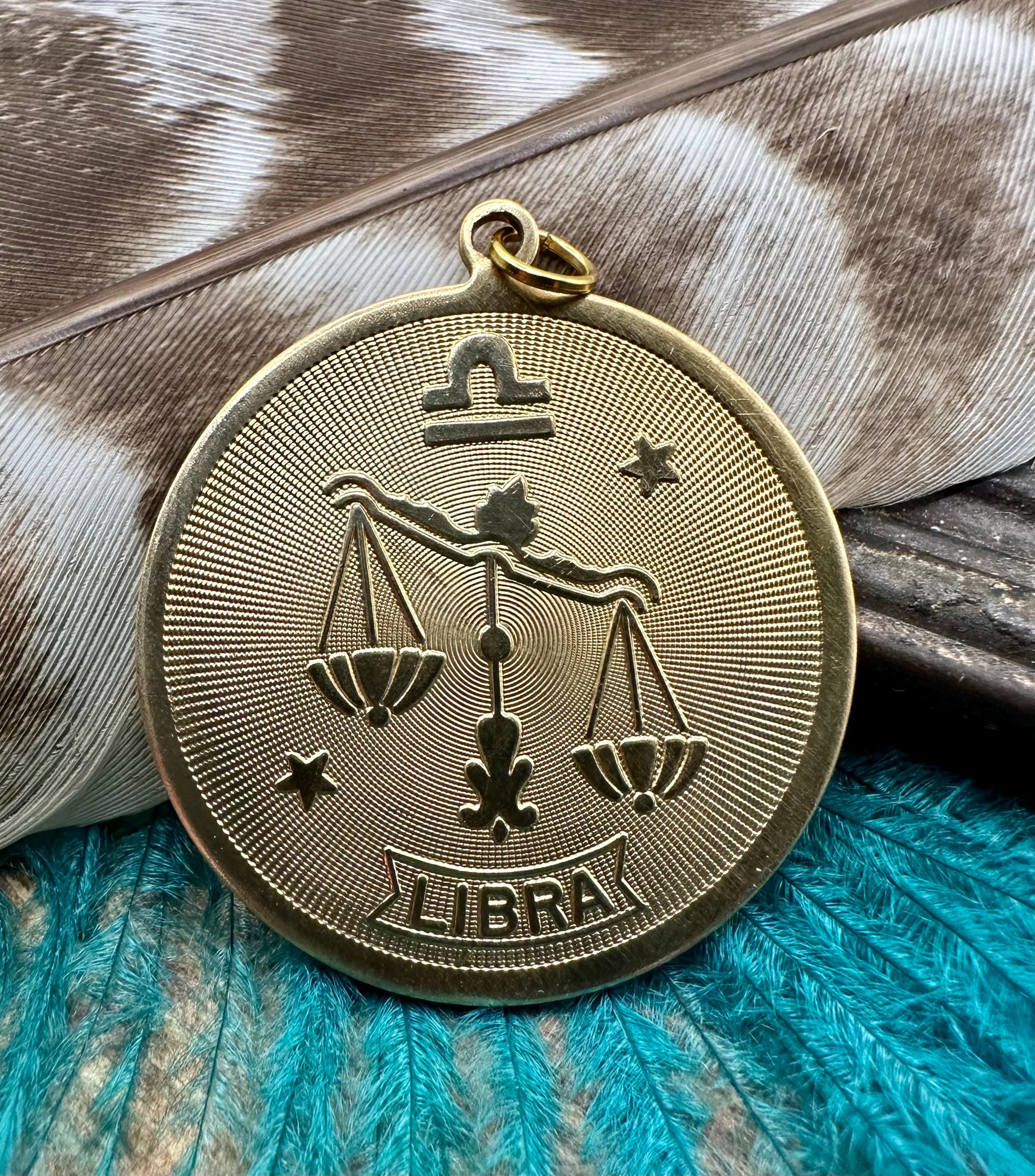 Vintage Raw Brass Big LIBRA ZODIAC TAG Charm for Necklace Pendant 