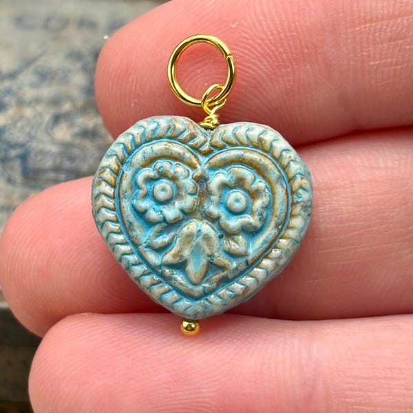 Vintage Victorian Style Turquoise Czech FLORAL GLASS HEART Bead Charm Pendant for Necklace Gift For Her Coquette Jewelry Gold