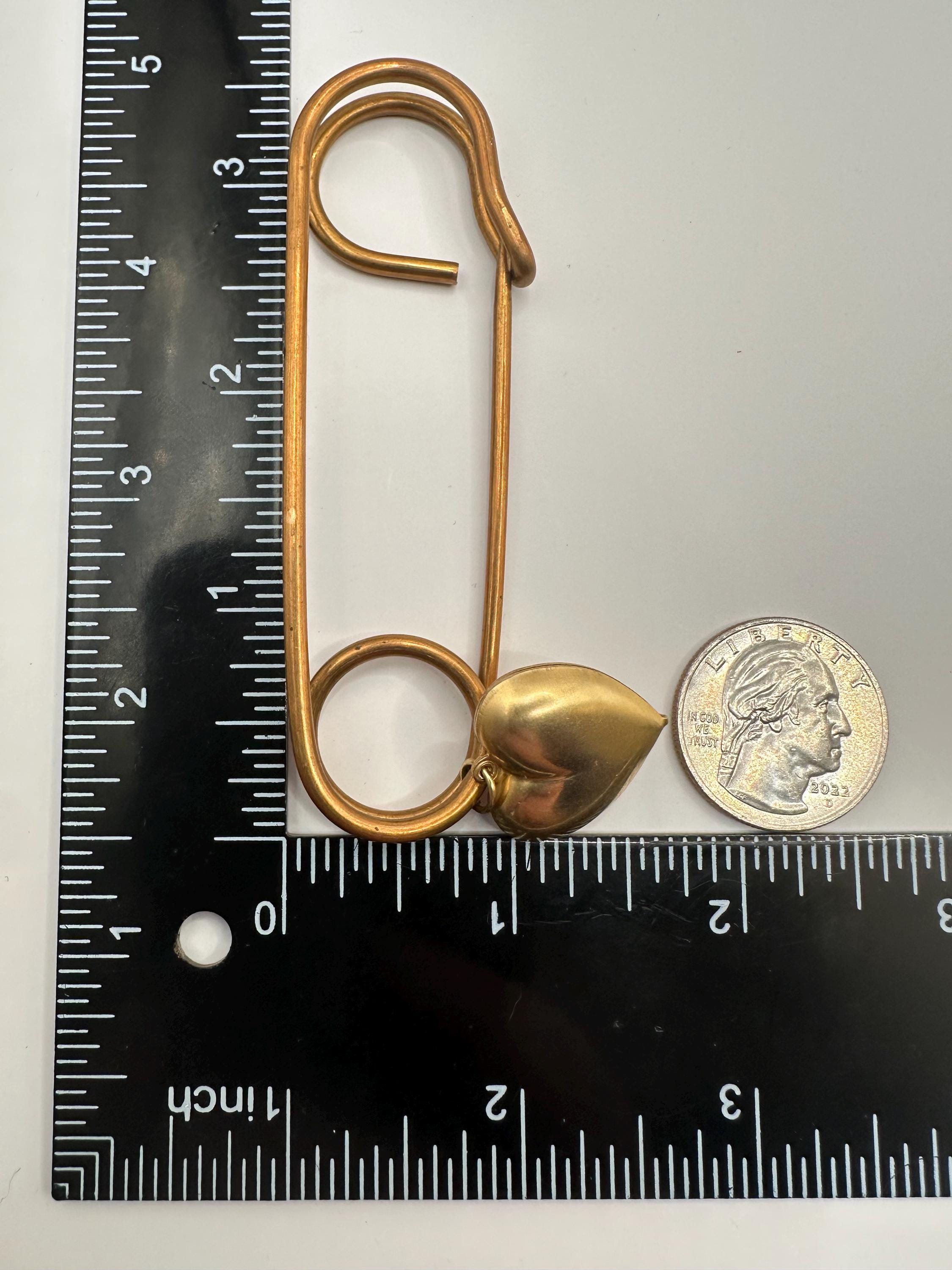 Vintage Raw Brass Big Kilt Safety Pin PUFFY HEART CHARM Pin Gold