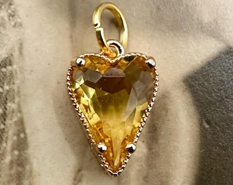Vintage Victorian Style NOVEMBER BIRTHSTONE HEART Charm Pendant for Necklace Gold Jewelry Dainty Earrings Birthday Gift Yellow Faux Citrine