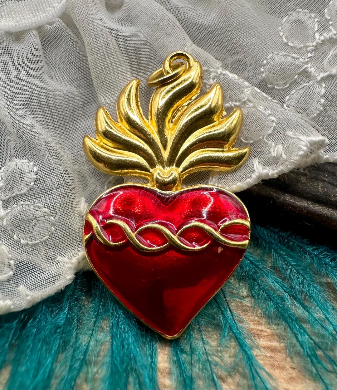 Red and Gold Religious Charm Brooch Set silver and red CHRISTIAN LACROIX 1990s Gold Coral Branch Crystal & Red  main image 3