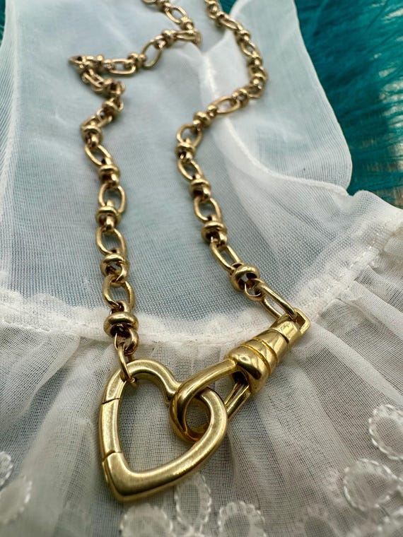 Victorian Style Brass CHARM HOLDER Necklace Heart Clasp Swivel
