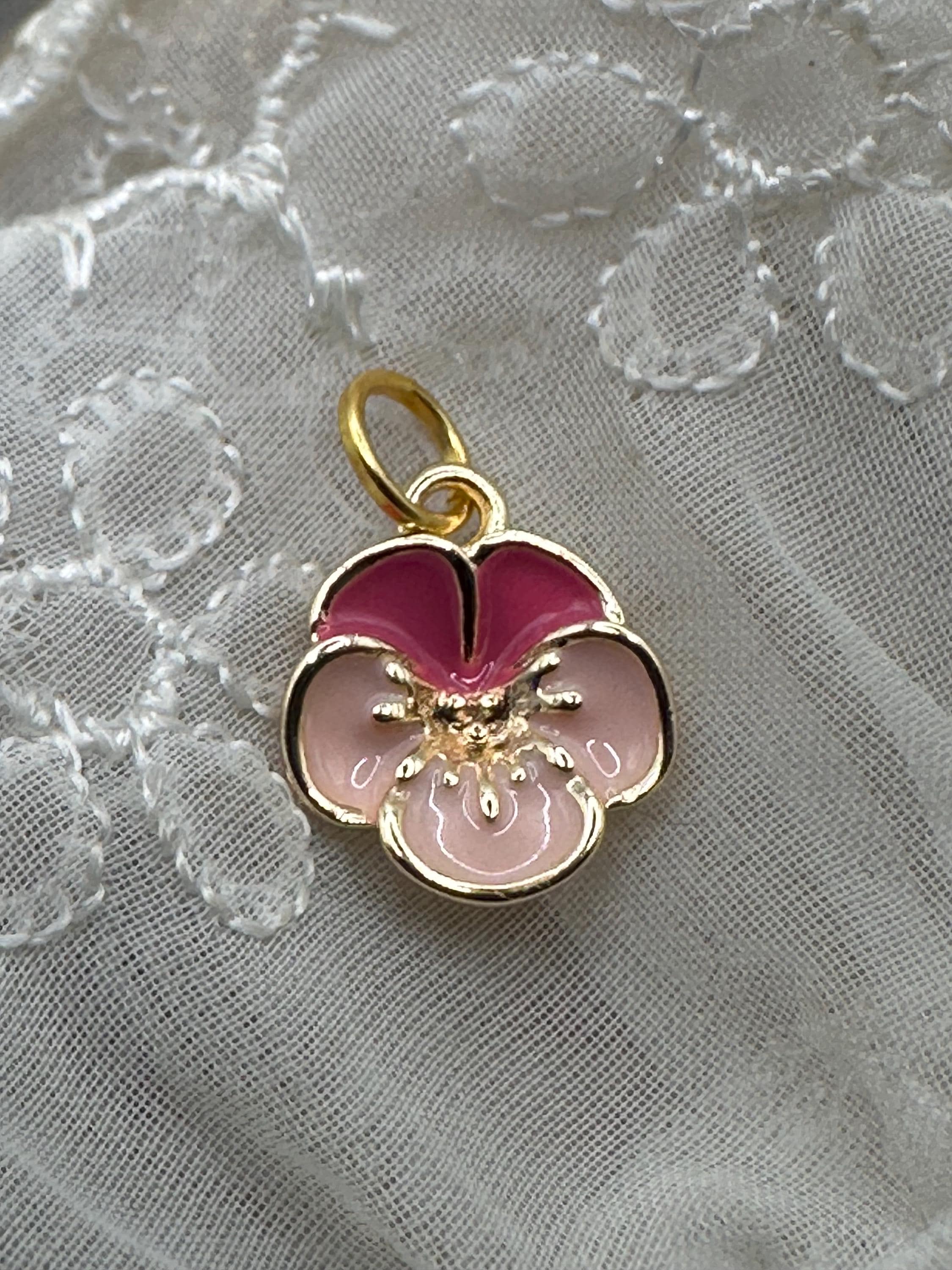 Vintage Style TINY PINK PANSY Enamel Charm Pendant for Necklace
