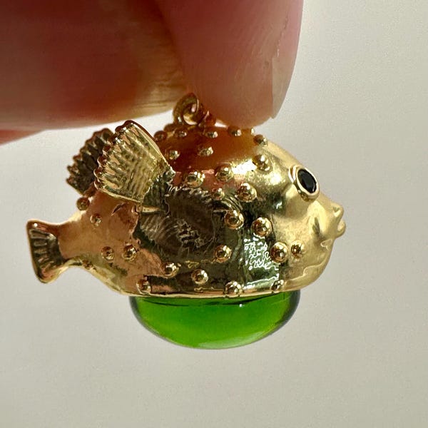 Vintage Style GREEN Glass PUFFER FISH Charm Pendant for Necklace Earrings Bracelet Gift For Her Fisherman Aesthetic Gold