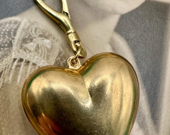 Vintage Raw Brass Victorian BIG Puffy Heart PURSE CHARM Gold Gift for Her Key Fob Clip On Charms Jewelry Swivel Clasp Bag Necklace Pendant