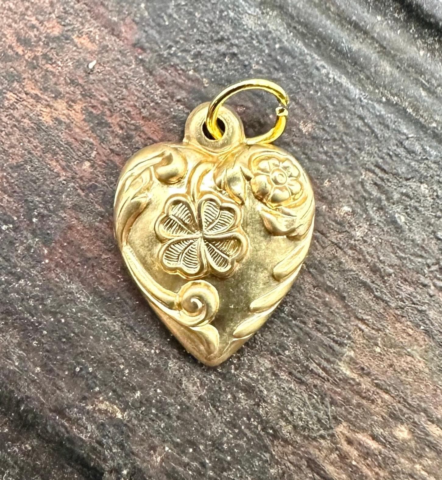 Vintage Raw Brass Victorian Lucky SHAMROCK PUFFY HEART Charm for