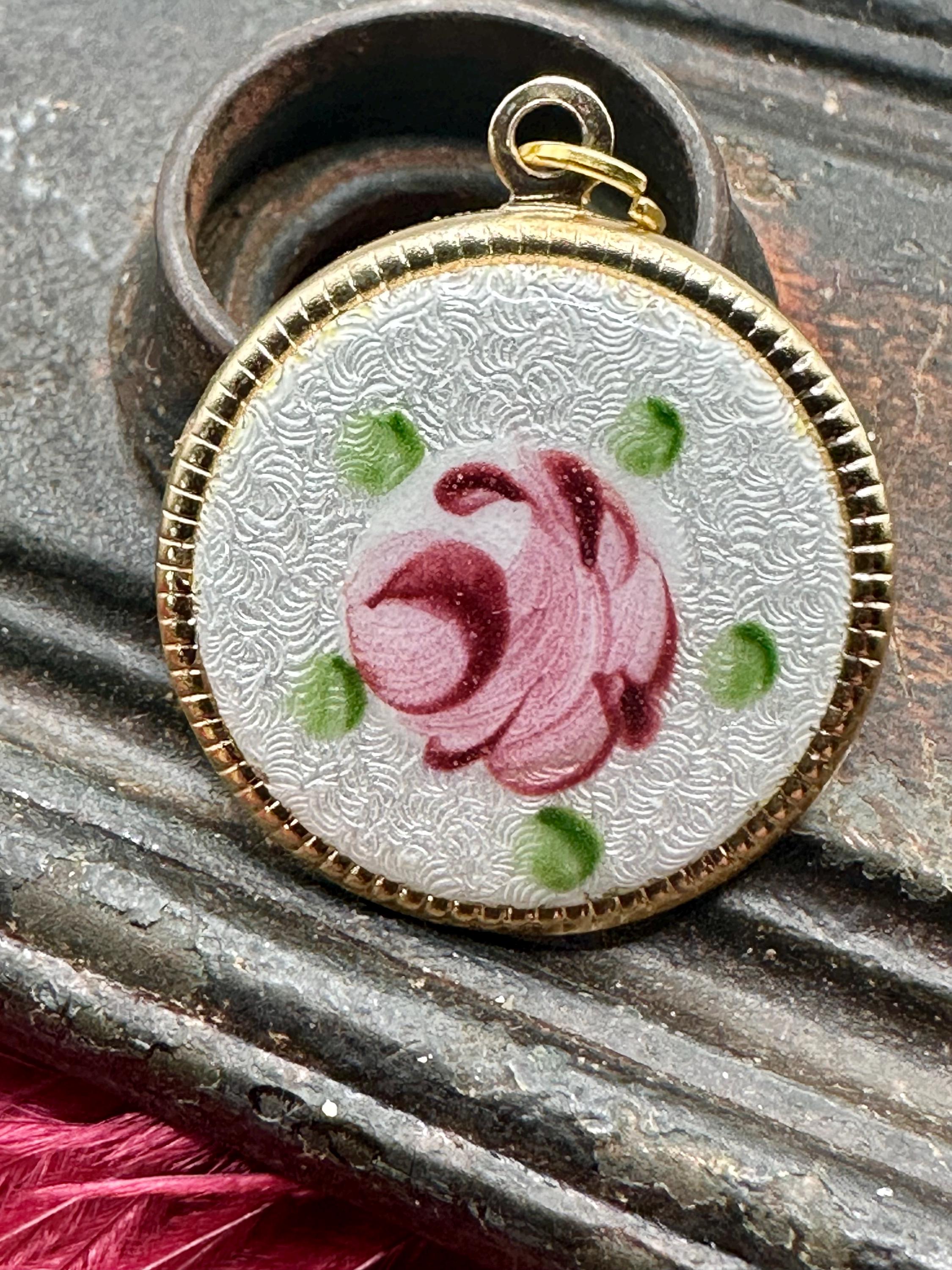 Vintage Victorian Style HAND PAINTED ROSE Charm for Necklace Guilloche ...