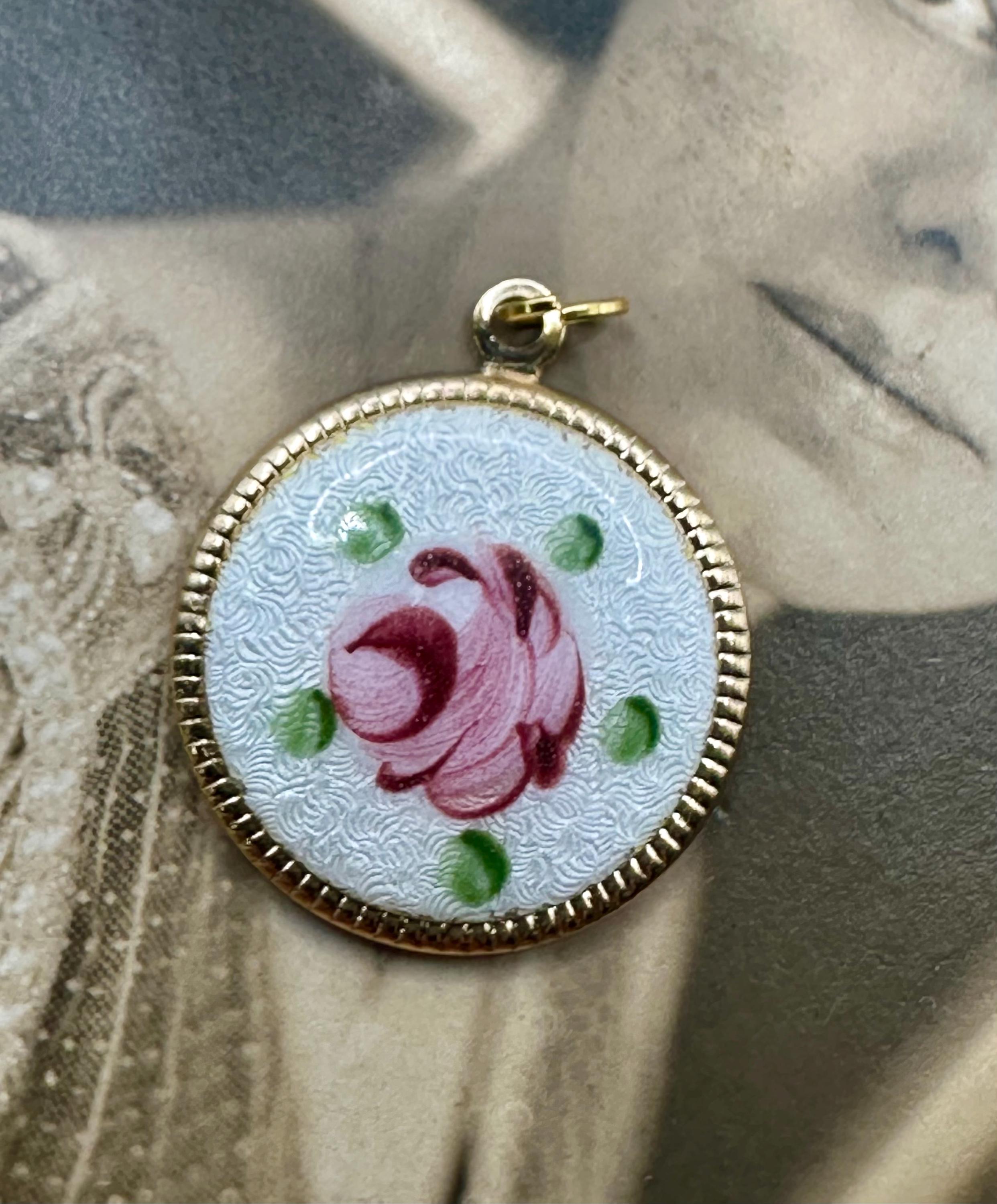 Vintage Victorian Style HAND PAINTED ROSE Charm for Necklace Guilloche ...