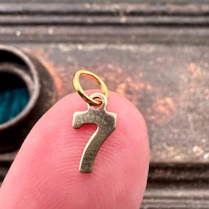 May include: A silver charm in the shape of the number seven with a gold jump ring. The charm is being held by a finger.