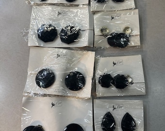 8 Vintage Pairs BIG Black Acrylic CORO Clip on Earrings Black Acrylic For Repair Teardrop Round Octagon in Original Package