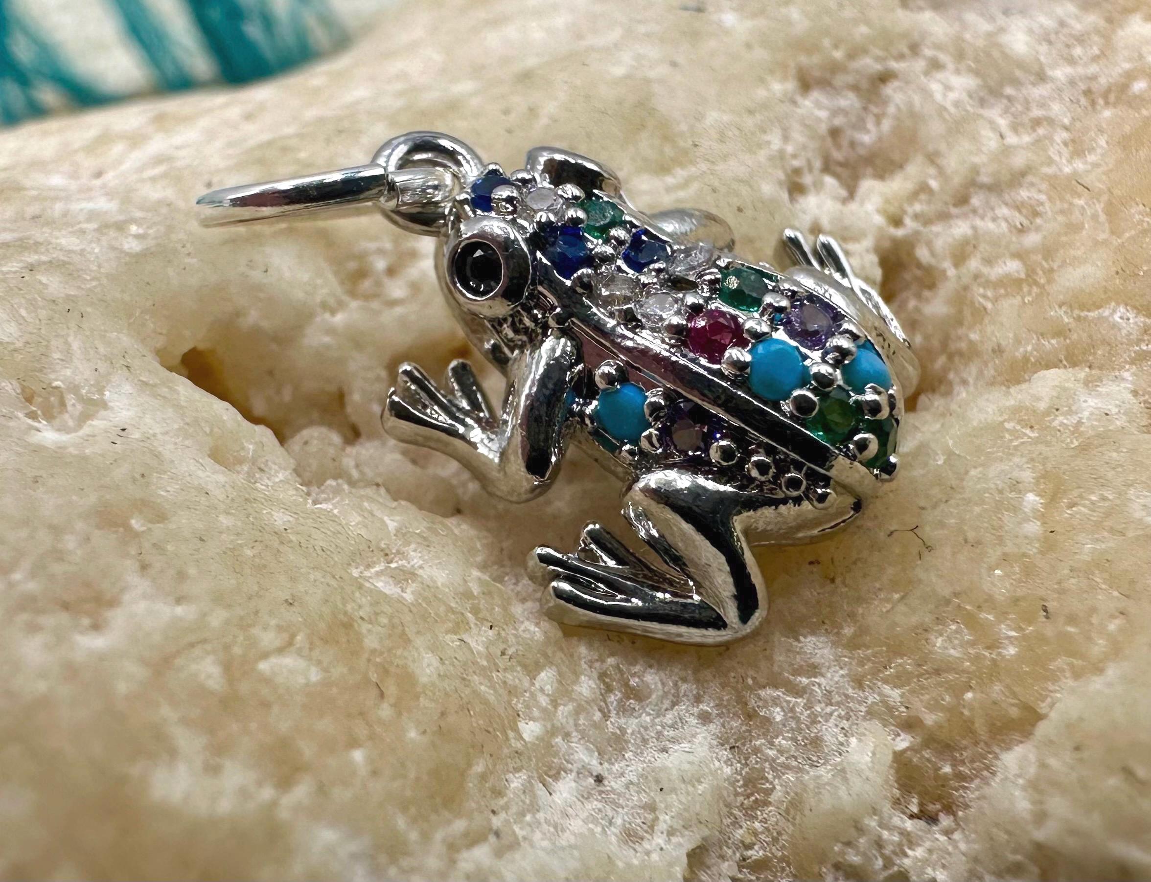 Frog Jeweled Pendant Hand Two-Sided Vintage Mirror Vintage Frog Sparkly Rhinestone with Green Eyes Gold Tone  main image 2