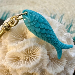 Vintage Raw Brass Clip On Charm GERMAN Resin TURQUOISE FISH for Necklace Holder Pendant Gold Bracelet Small Lobster Claw Clasp Chunky image 2