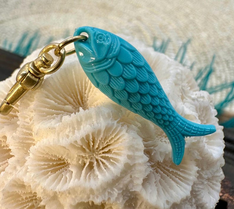 Vintage Raw Brass Clip On Charm GERMAN Resin TURQUOISE FISH for Necklace Holder Pendant Gold Bracelet Small Lobster Claw Clasp Chunky image 2