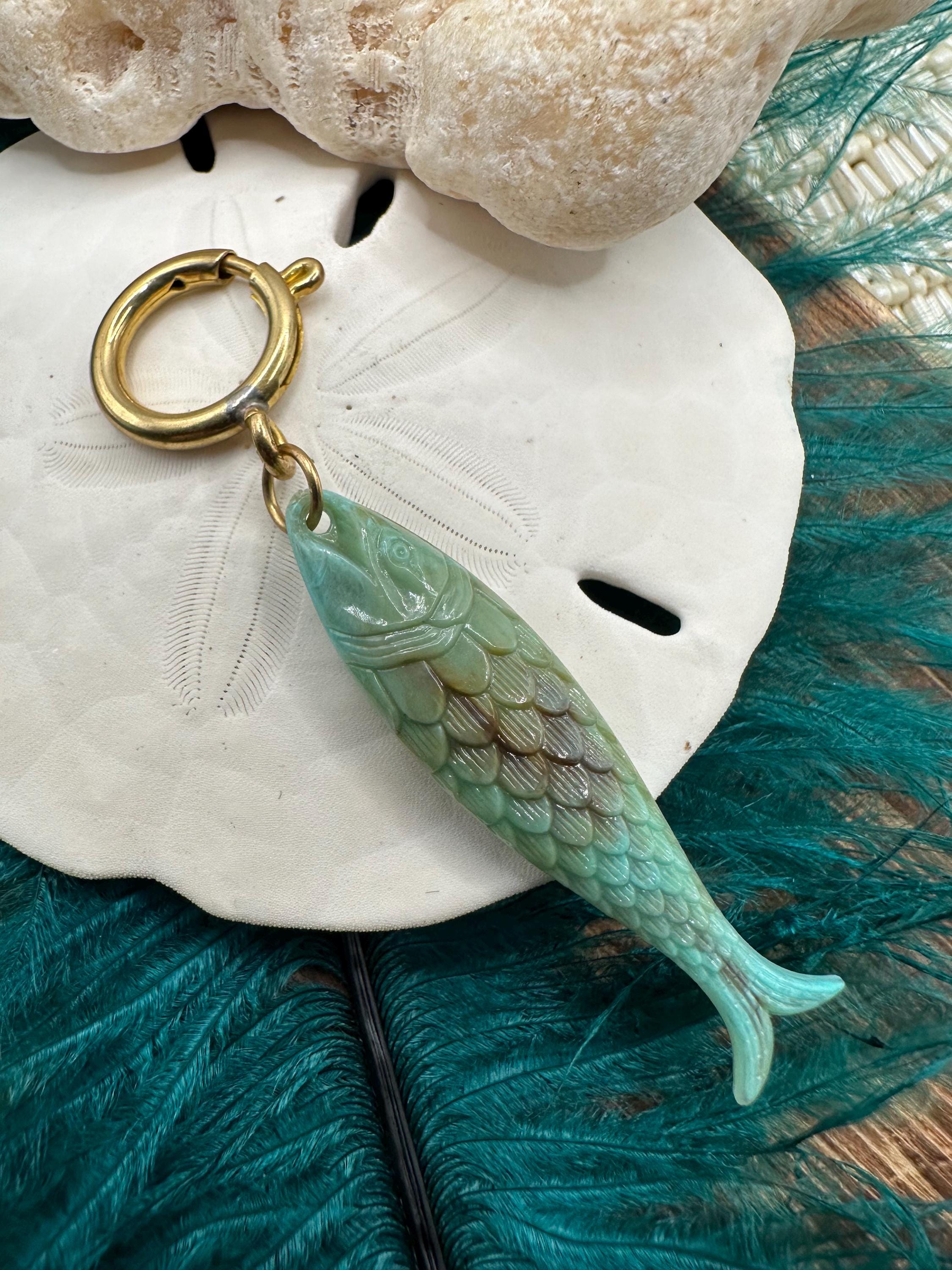 Vintage Raw Brass Clip On Charm GERMAN Resin TURQUOISE FISH for Necklace Holder Pendant Gold Bracelet Big Spring Ring Clasp Chunky Trendy