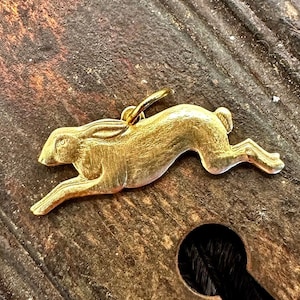 May include: A gold-coloured rabbit charm pendant, with a detailed design, is shown on a wooden surface.