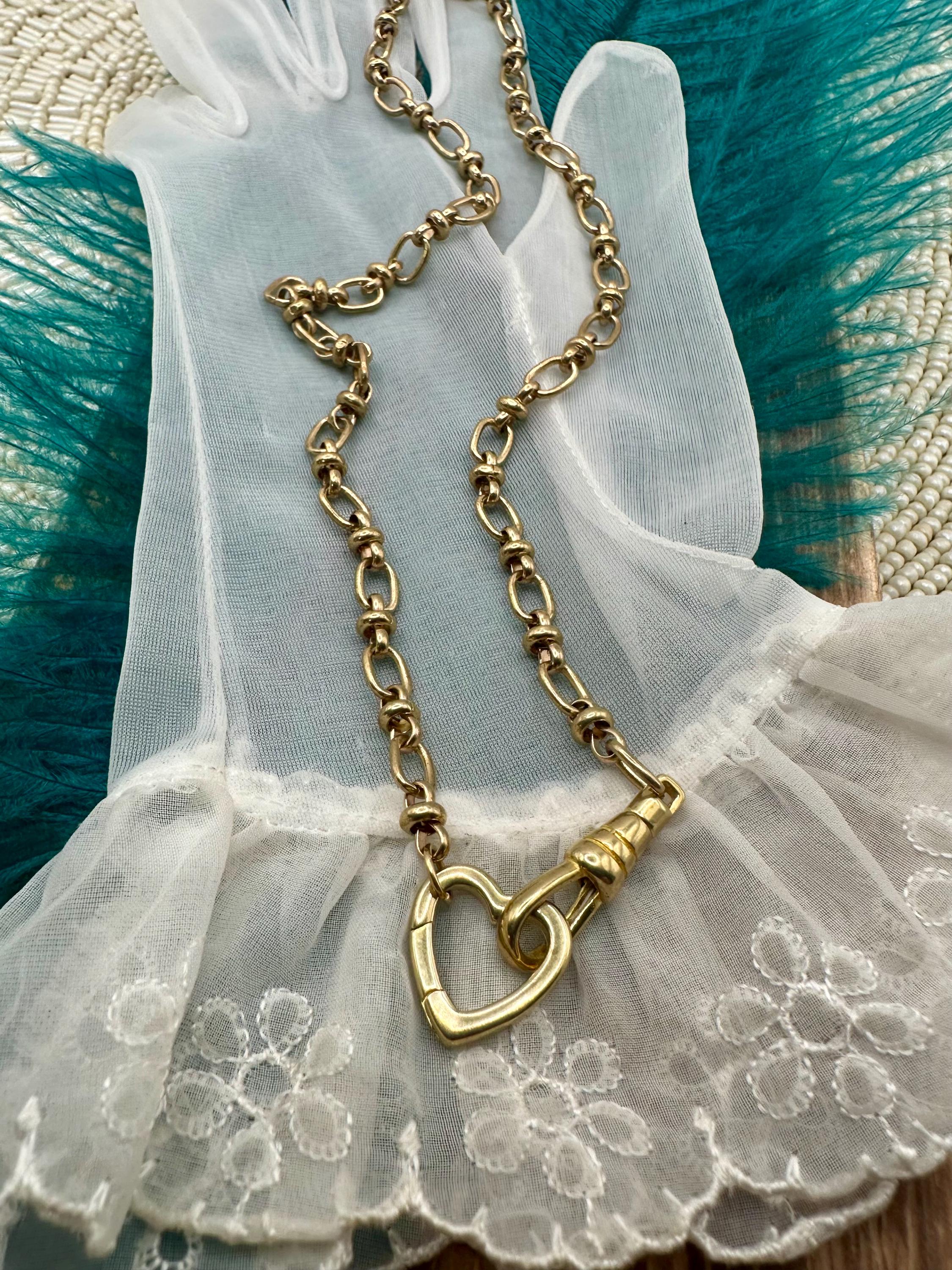 Victorian Style Brass CHARM HOLDER Necklace Heart Clasp Swivel Clip Dog Fob Pocket Watch Chain Make Your Own Add Charms Custom Gold Fancy