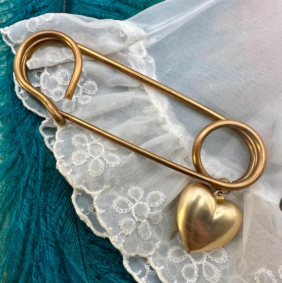 Vintage Raw Brass Big Kilt Safety Pin PUFFY HEART CHARM Pin Gold