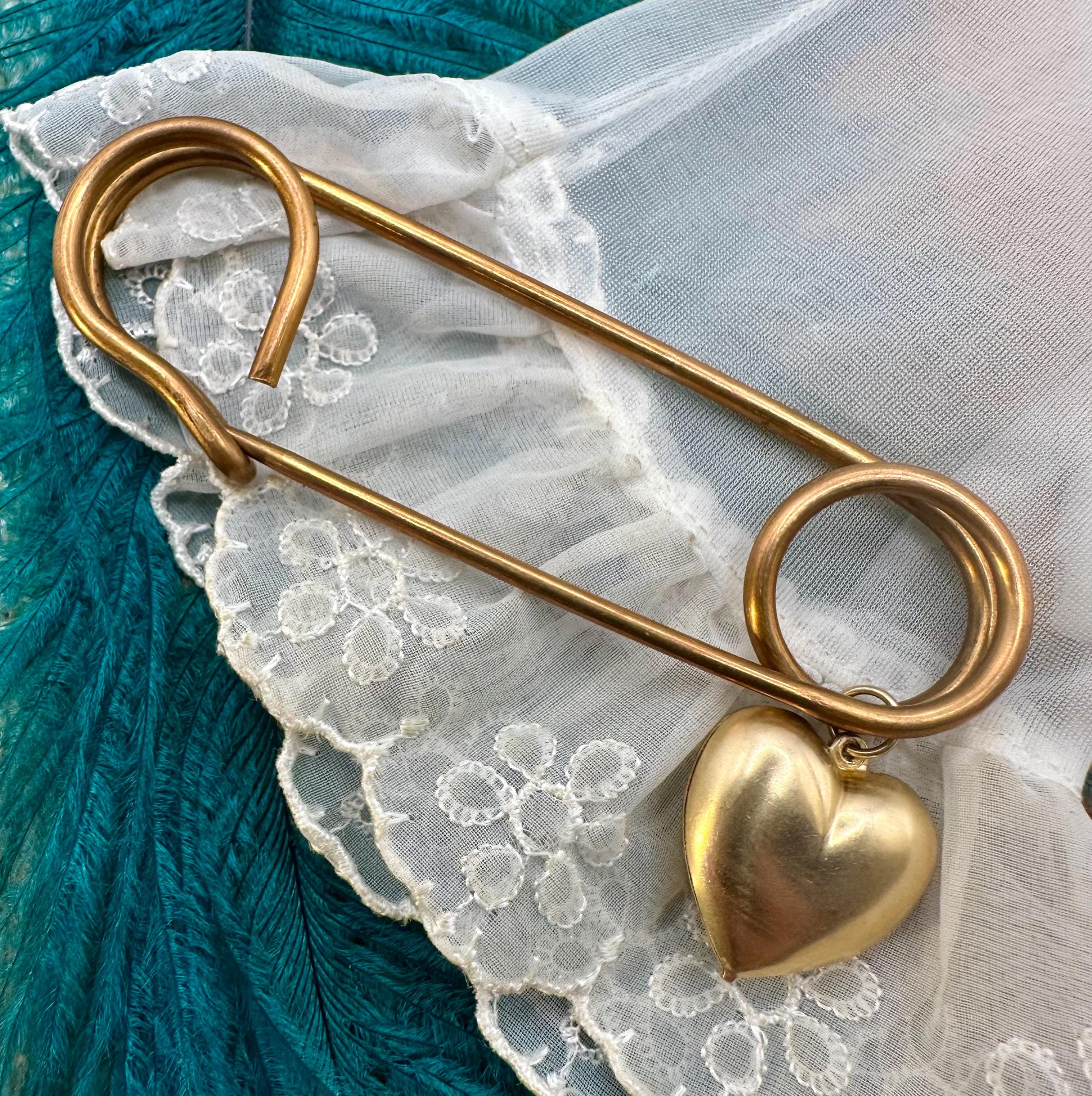 Vintage Raw Brass Big Kilt Safety Pin PUFFY HEART CHARM Pin Gold