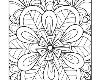 Könnte beinhalten: Schwarz-weiß Mandala-Malvorlage mit dem Text "Mandala Coloring" oben. Das Design zeigt ein zentrales Blumenelement, umgeben von stilisierten Blättern und geschwungenen Linien, ideal zum Ausmalen.