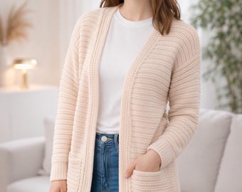 Patrón de cárdigan de ganchillo extragrande en PDF, patrón de suéter de ganchillo con bolsillos acogedores, top tipo jersey para mujer, regalos de verano, descargas digitales