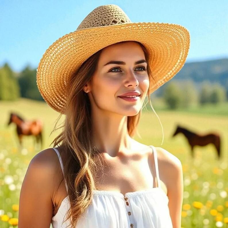 Puede incluir: Una mujer con un sombrero de paja de ala ancha y un vestido blanco. El sombrero es de color marr&oacute;n claro y tiene un dise&ntilde;o tejido. El fondo presenta un campo con caballos y un cielo azul.